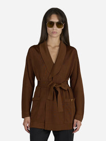Cardigan in viscosa con cintura marrone - indossato, vista frontale