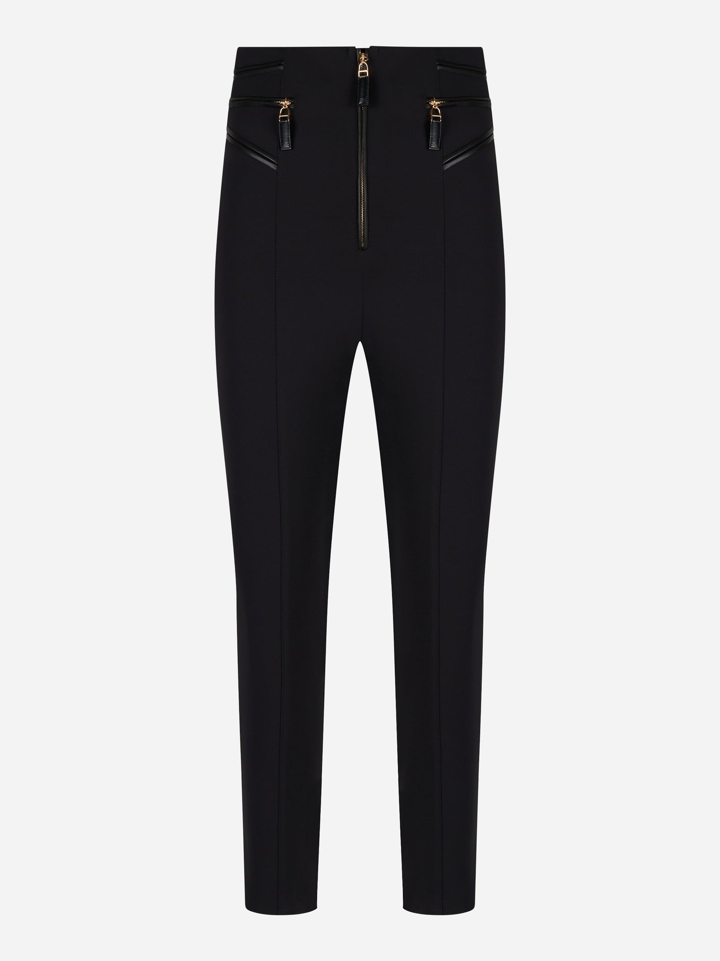 Pantaloni neri in crepe con zip dorate e dettagli in ecopelle by Elisabetta Franchi - fronte
