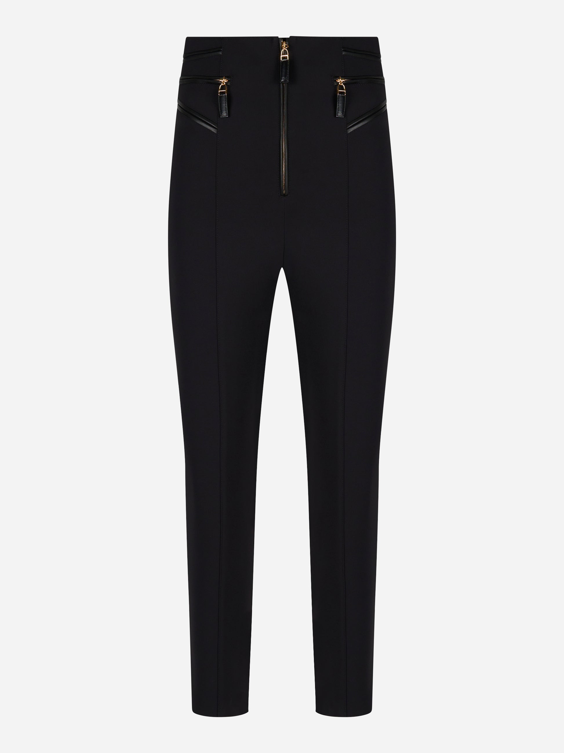 Pantaloni neri in crepe con zip dorate e dettagli in ecopelle by Elisabetta Franchi - fronte
