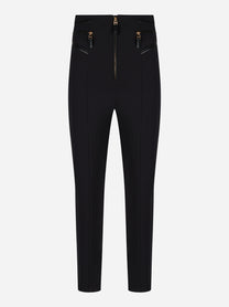 Pantaloni neri in crepe con zip dorate e dettagli in ecopelle by Elisabetta Franchi - fronte