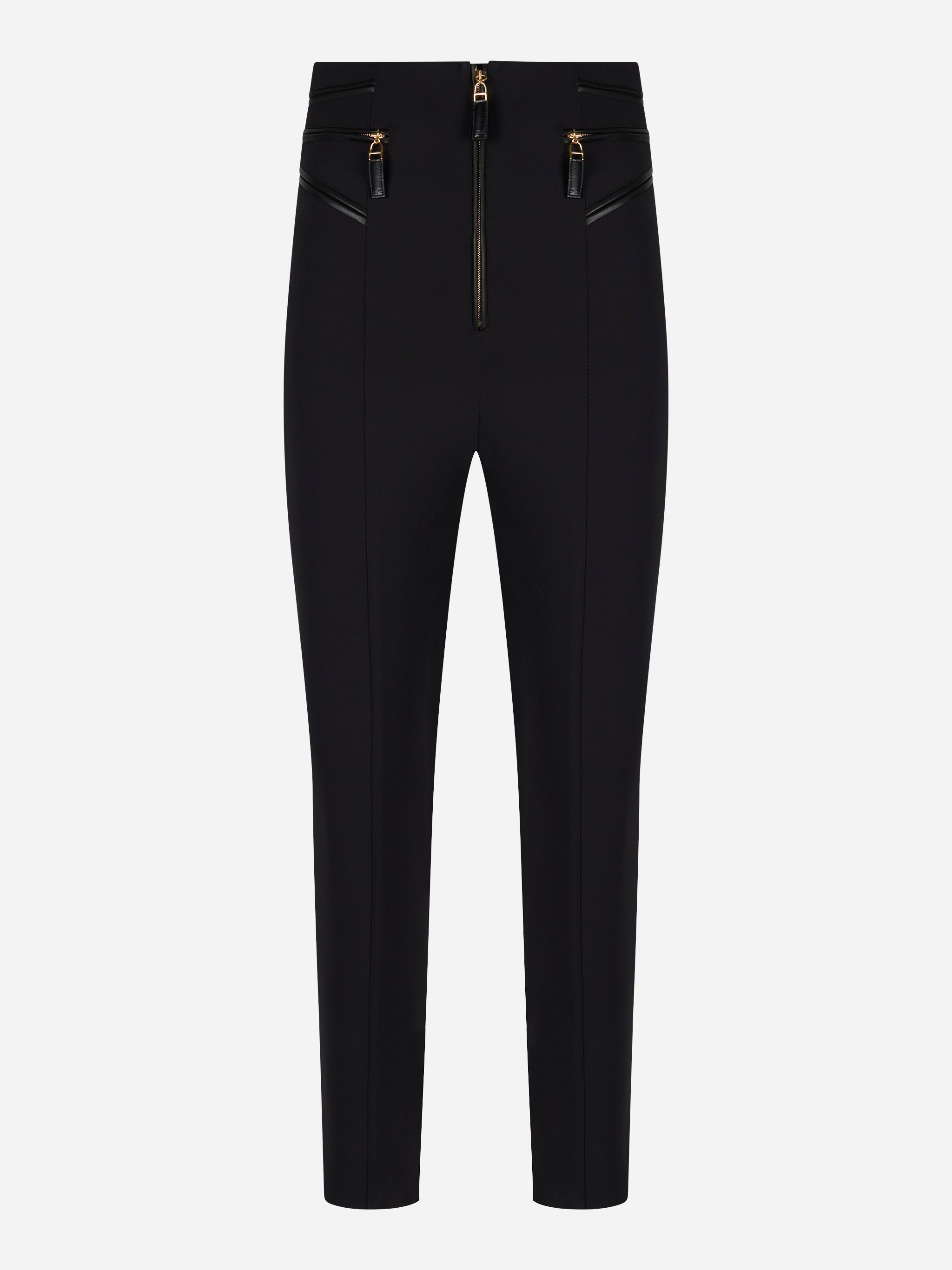 Pantaloni neri in crepe con zip dorate e dettagli in ecopelle by Elisabetta Franchi - fronte