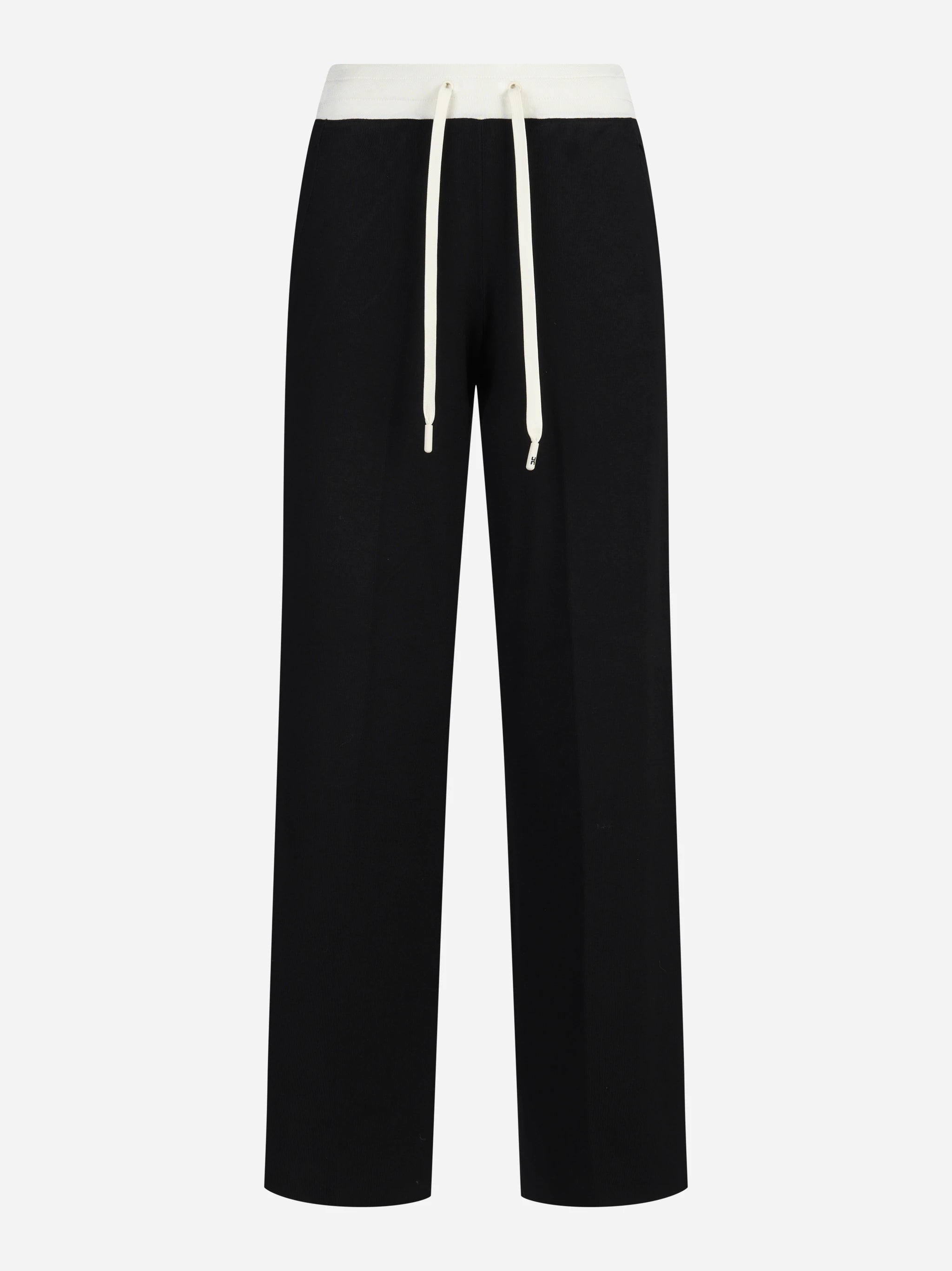 Pantaloni in maglia con logo neri e burro - vista frontale