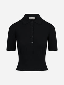 Polo aderente in maglia nera - vista frontale