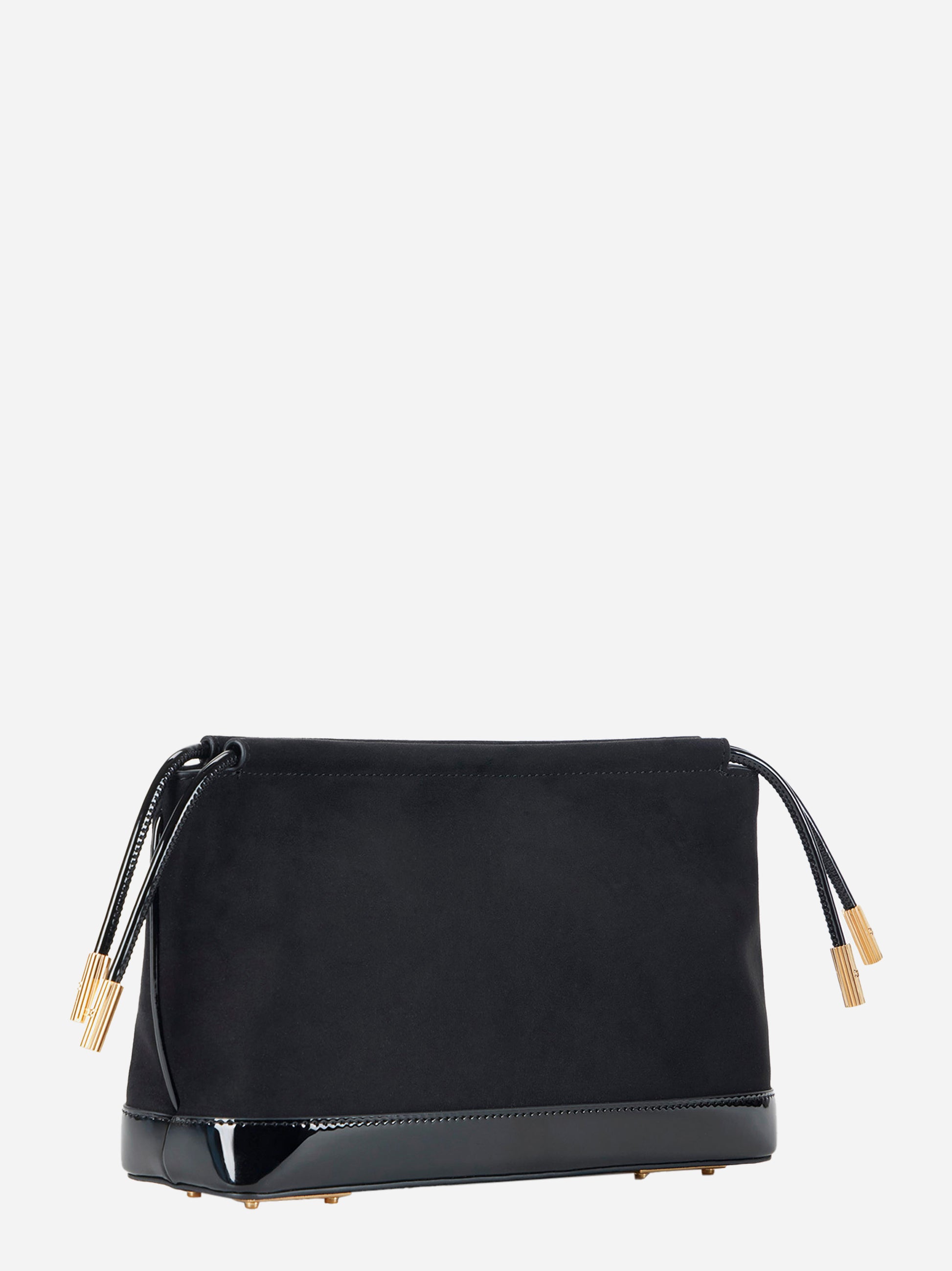Borsa pouch nera di Elisabetta Franchi vista laterale con base lucida e laccetti