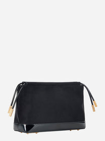 Borsa pouch nera di Elisabetta Franchi vista laterale con base lucida e laccetti