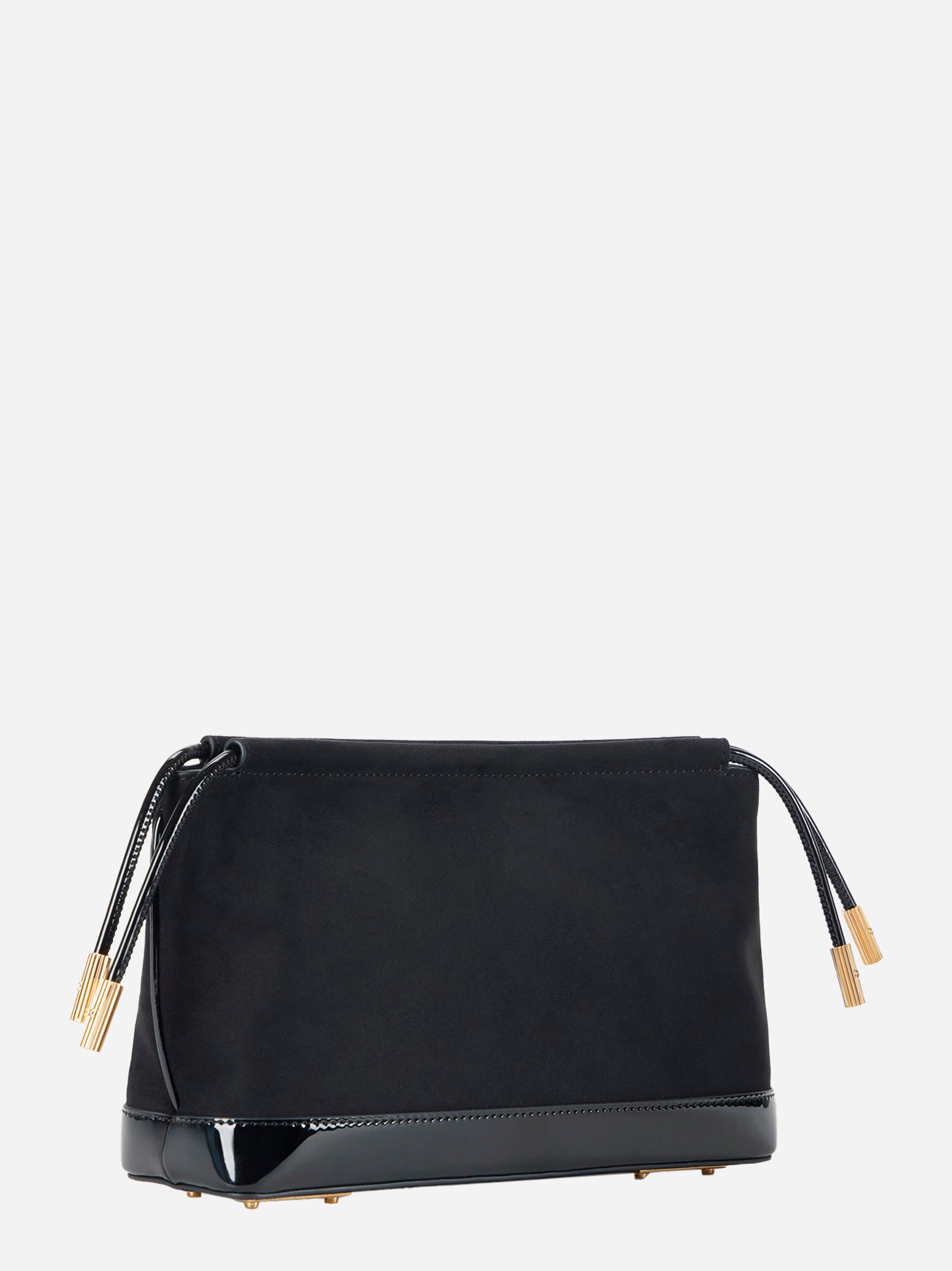 Borsa pouch nera di Elisabetta Franchi vista laterale con base lucida e laccetti