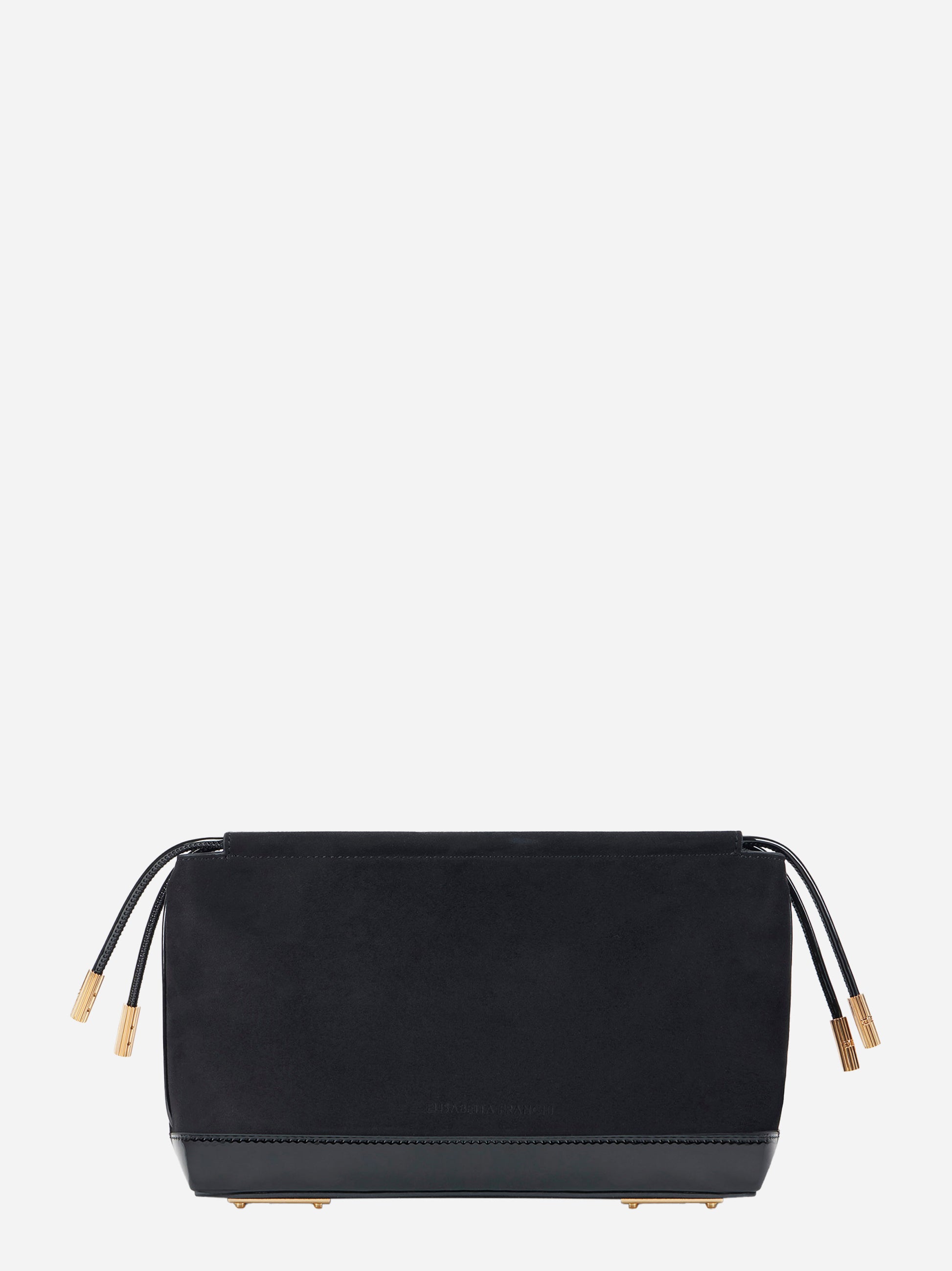 Retro della pouch nera in pelle scamosciata con base rigida e piedini dorati