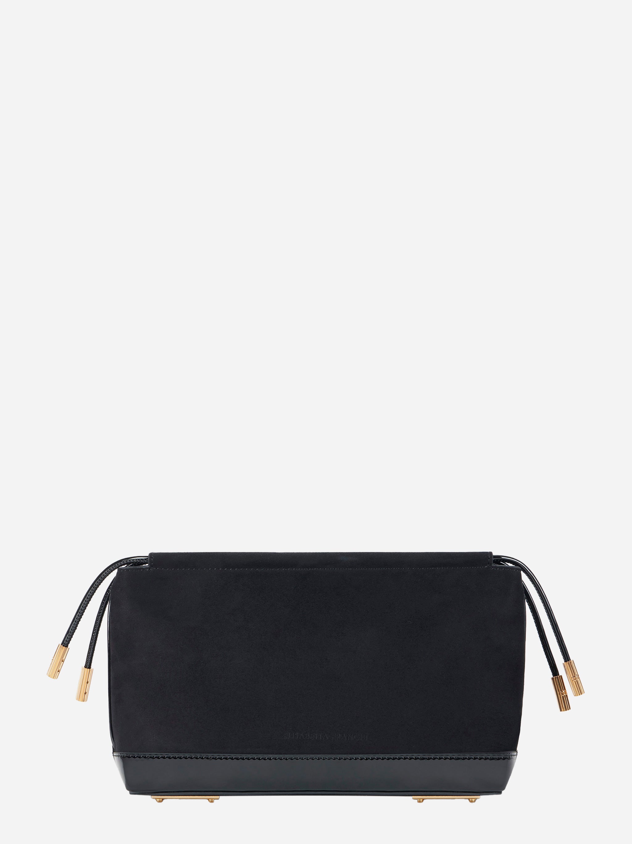 Retro della pouch nera in pelle scamosciata con base rigida e piedini dorati