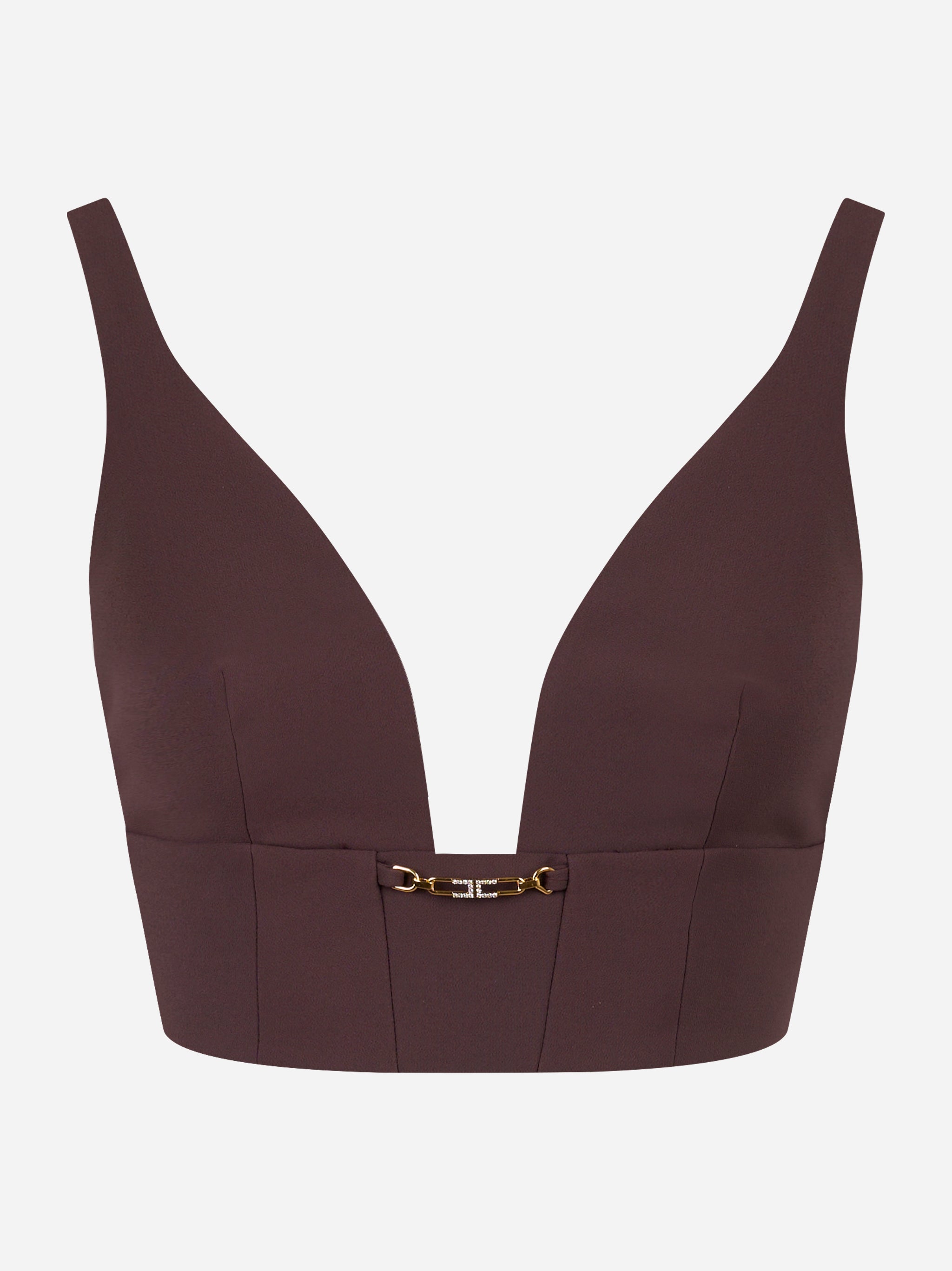 Top in crepe color cioccolato con dettaglio gioiello Elisabetta Franchi - fronte