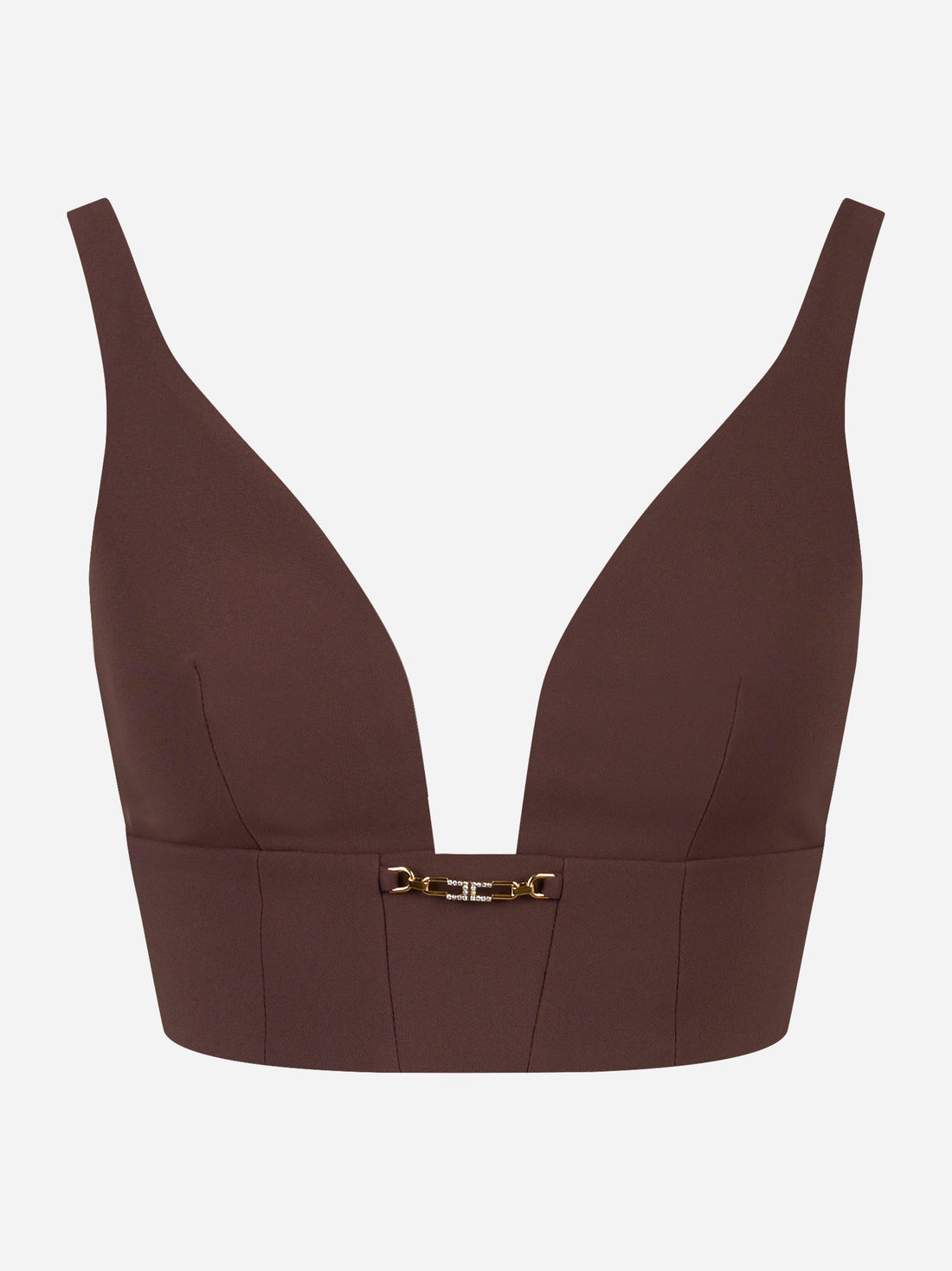 Top in crepe marrone con dettaglio gioiello Elisabetta Franchi - vista frontale