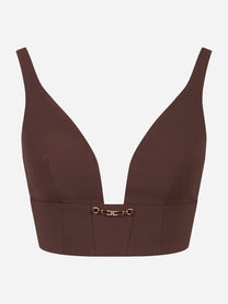 Top in crepe marrone con dettaglio gioiello Elisabetta Franchi - vista frontale