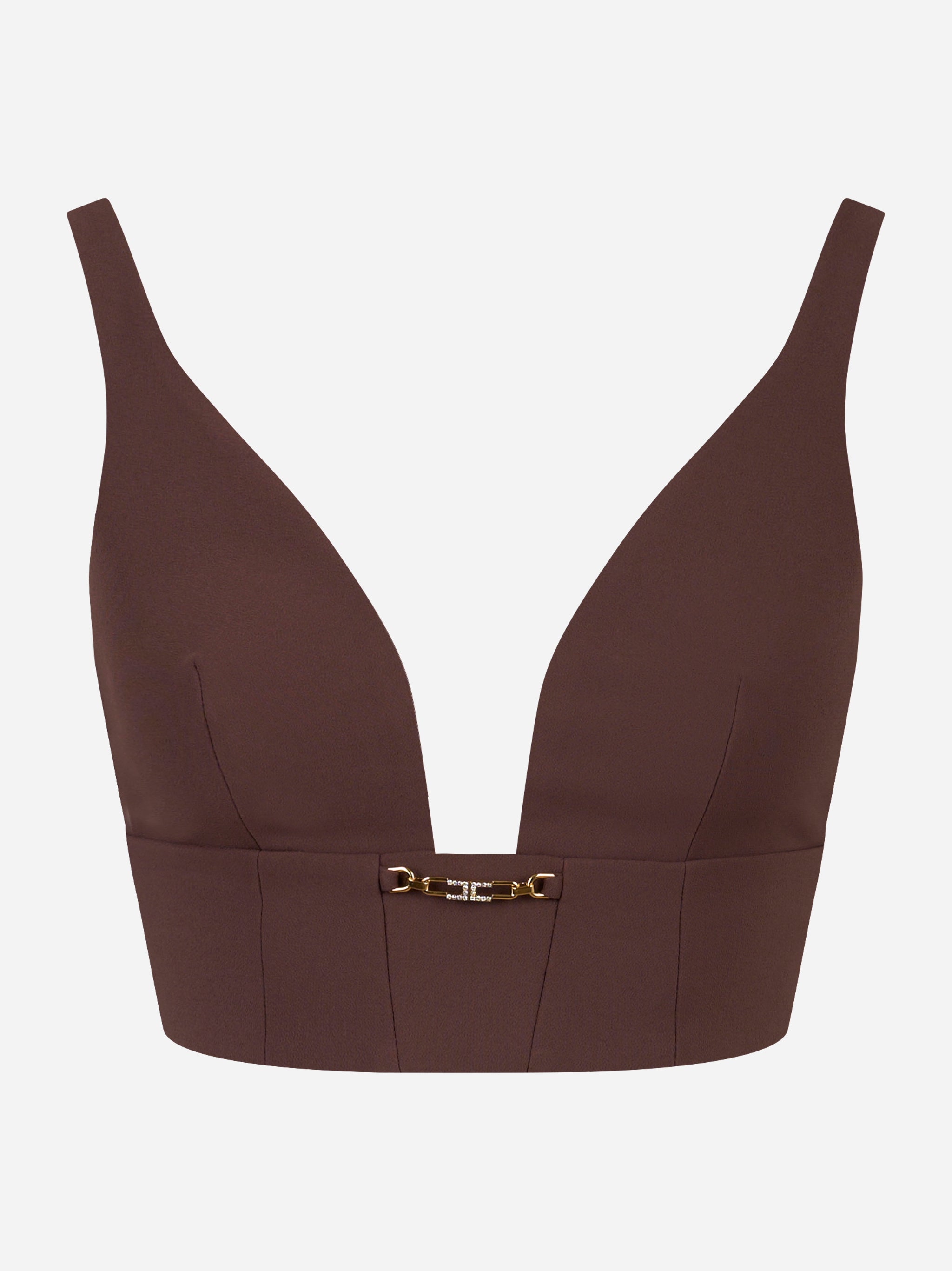 Top in crepe marrone con dettaglio gioiello Elisabetta Franchi - vista frontale