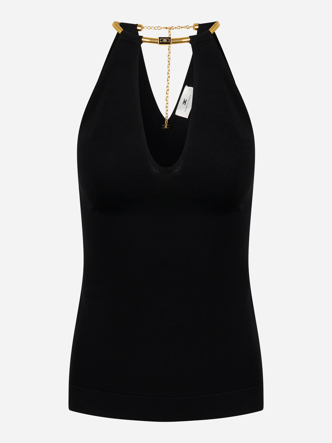 Top nero in maglia senza maniche con scollo profondo e dettaglio catena dorata Elisabetta Franchi - fronte