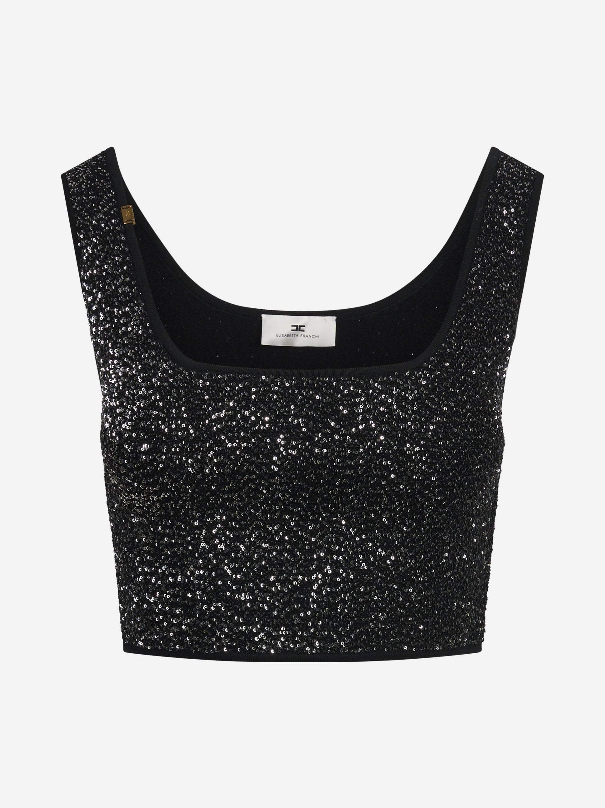 Top corto in maglia con paillettes nero - vista frontale