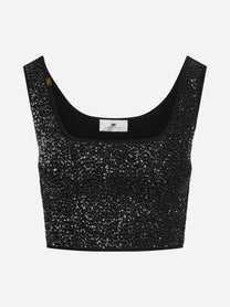 Top corto in maglia con paillettes nero - vista frontale