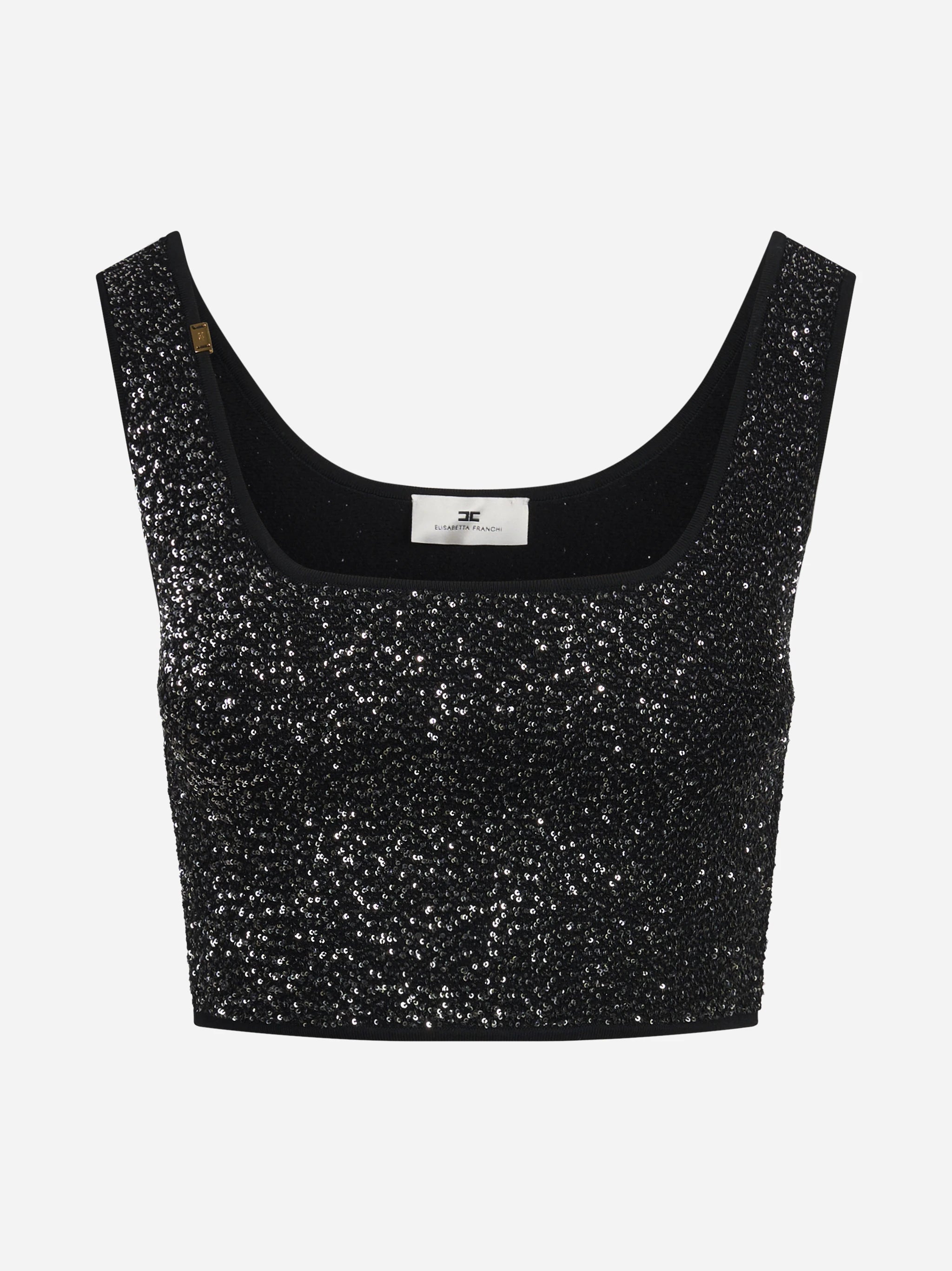 Top corto in maglia con paillettes nero - vista frontale