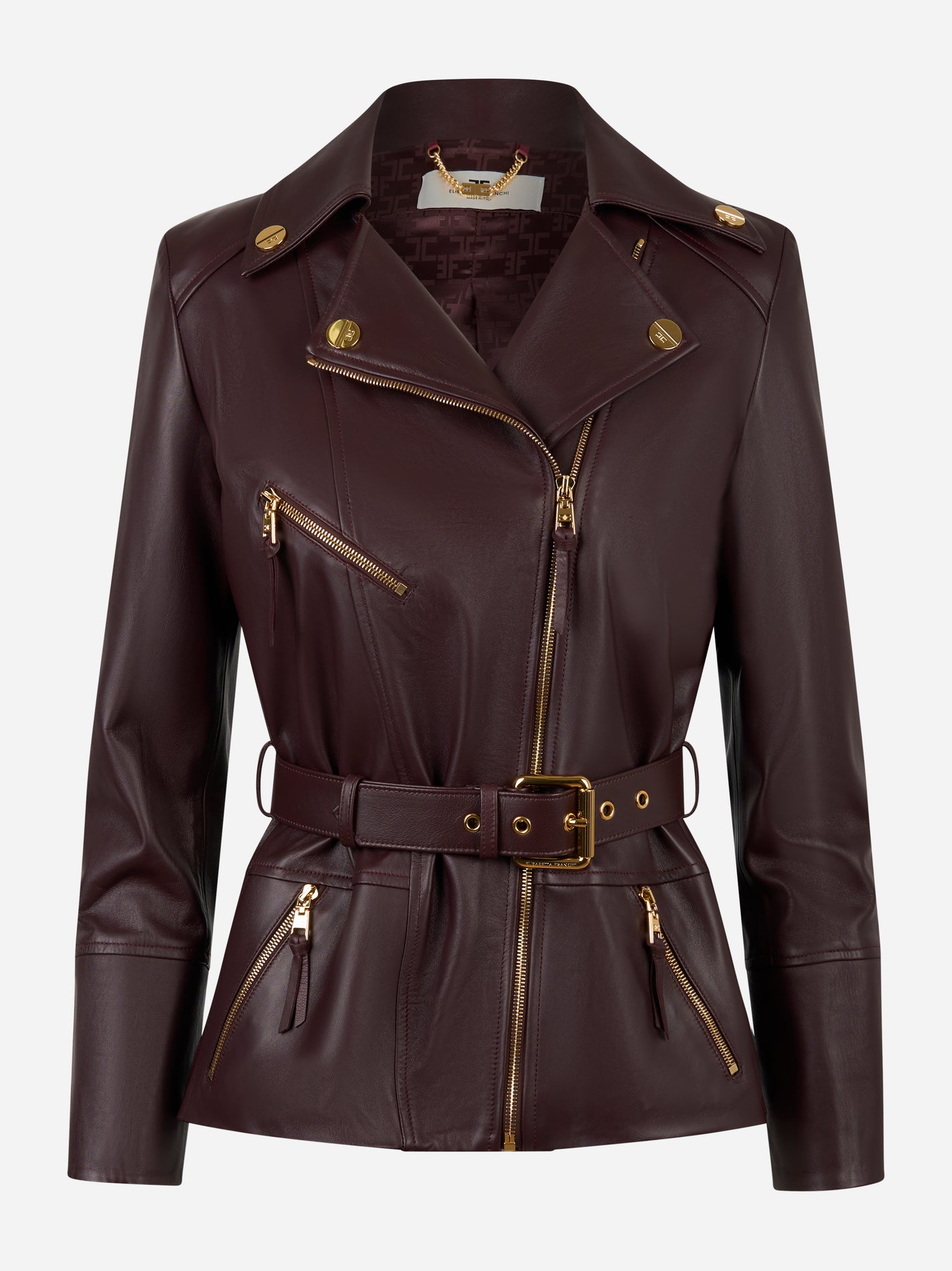 Giacca biker in pelle vinaccia Elisabetta Franchi con cintura e zip dorate