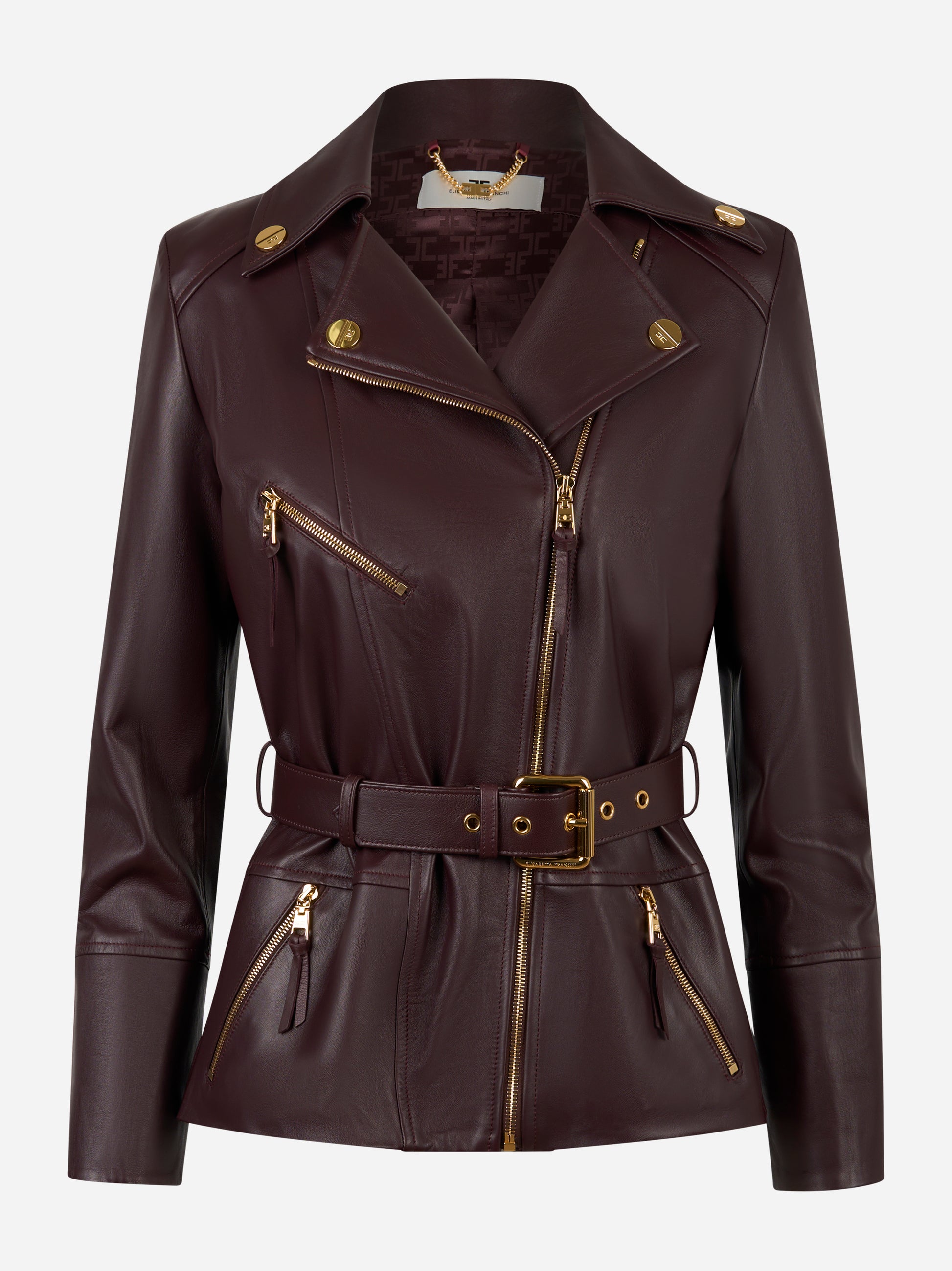 Giacca biker in pelle vinaccia Elisabetta Franchi con cintura e zip dorate