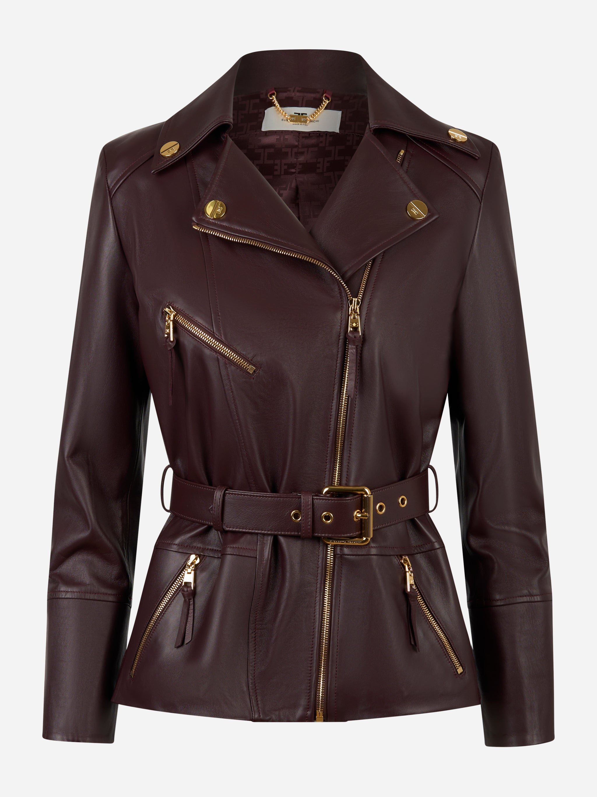 Giacca biker in pelle vinaccia Elisabetta Franchi con cintura e zip dorate