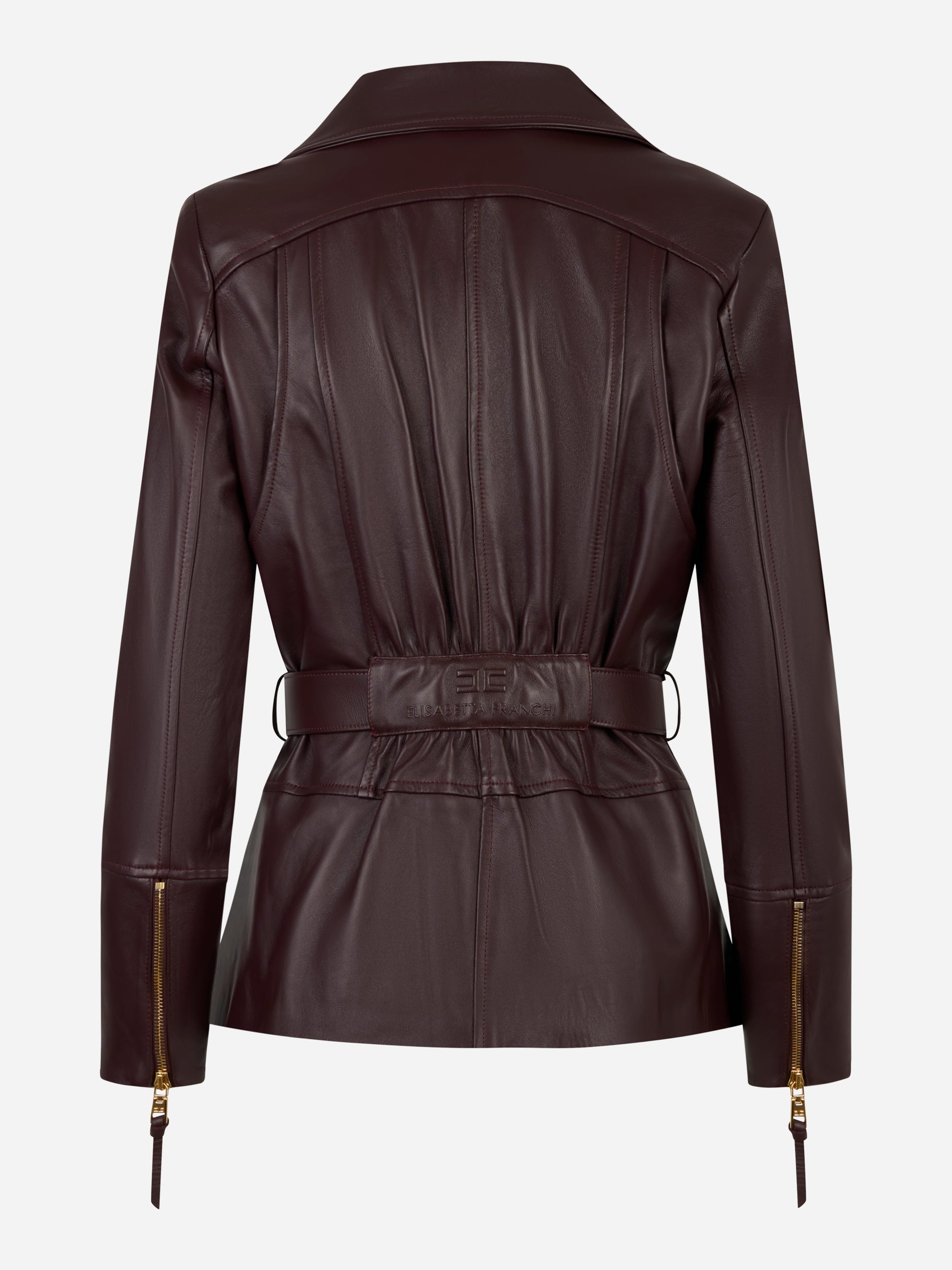 Retro della giacca biker in pelle vinaccia Elisabetta Franchi con zip ai polsi