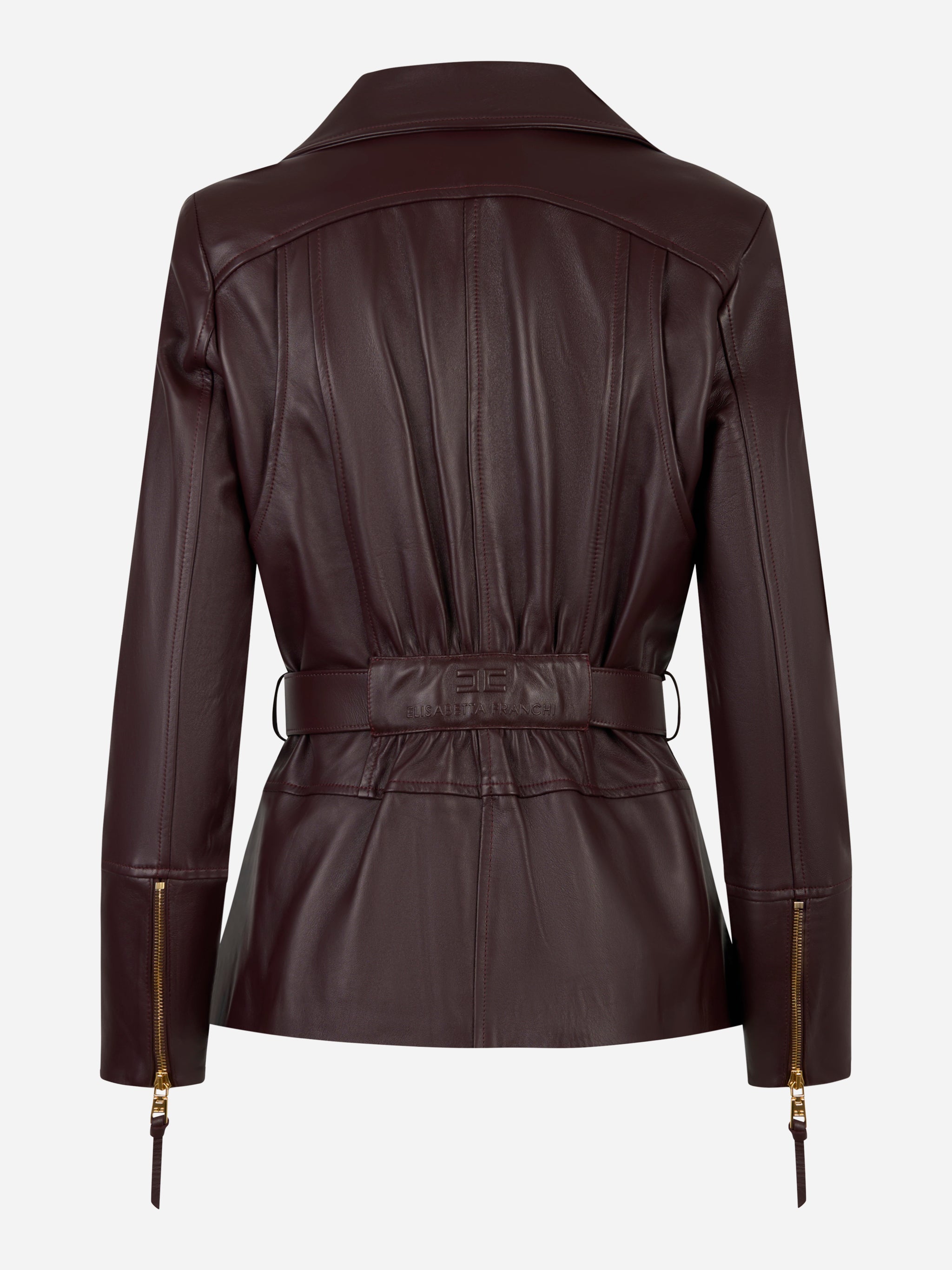Retro della giacca biker in pelle vinaccia Elisabetta Franchi con zip ai polsi