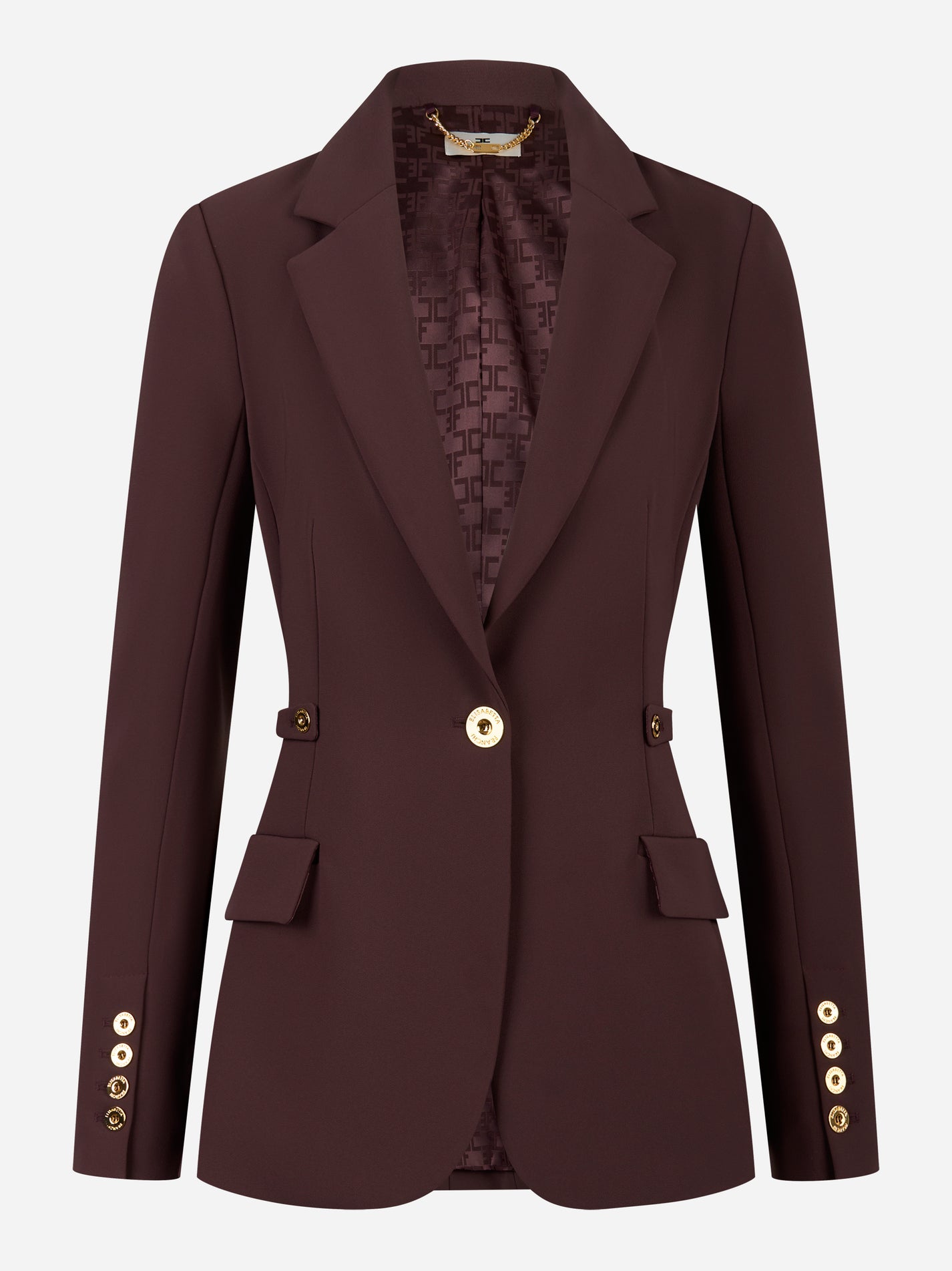 Giacca monopetto color vinaccia in crêpe leggero con dettagli gioiello dorati – Elisabetta Franchi