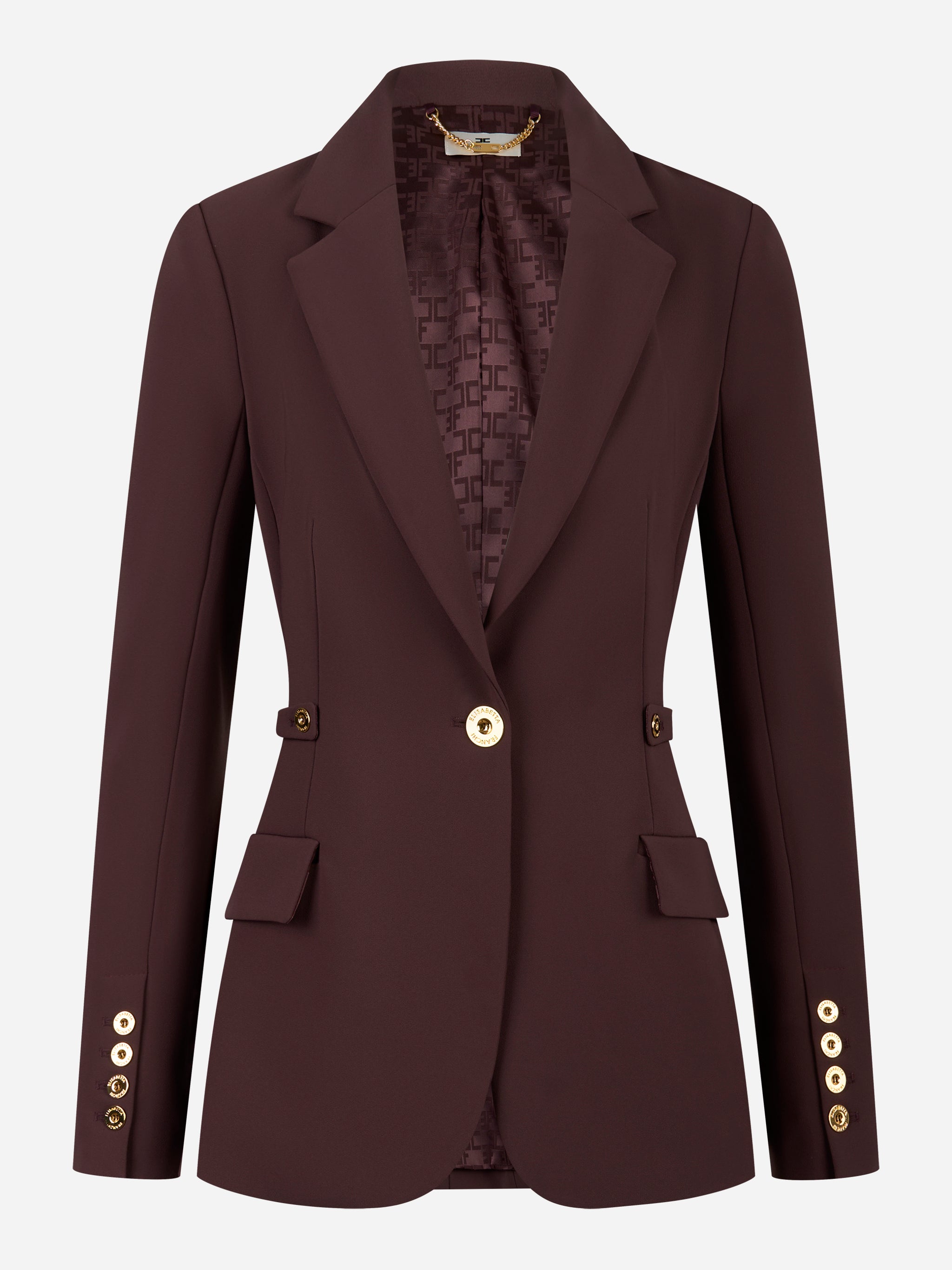 Giacca monopetto color vinaccia in crêpe leggero con dettagli gioiello dorati – Elisabetta Franchi