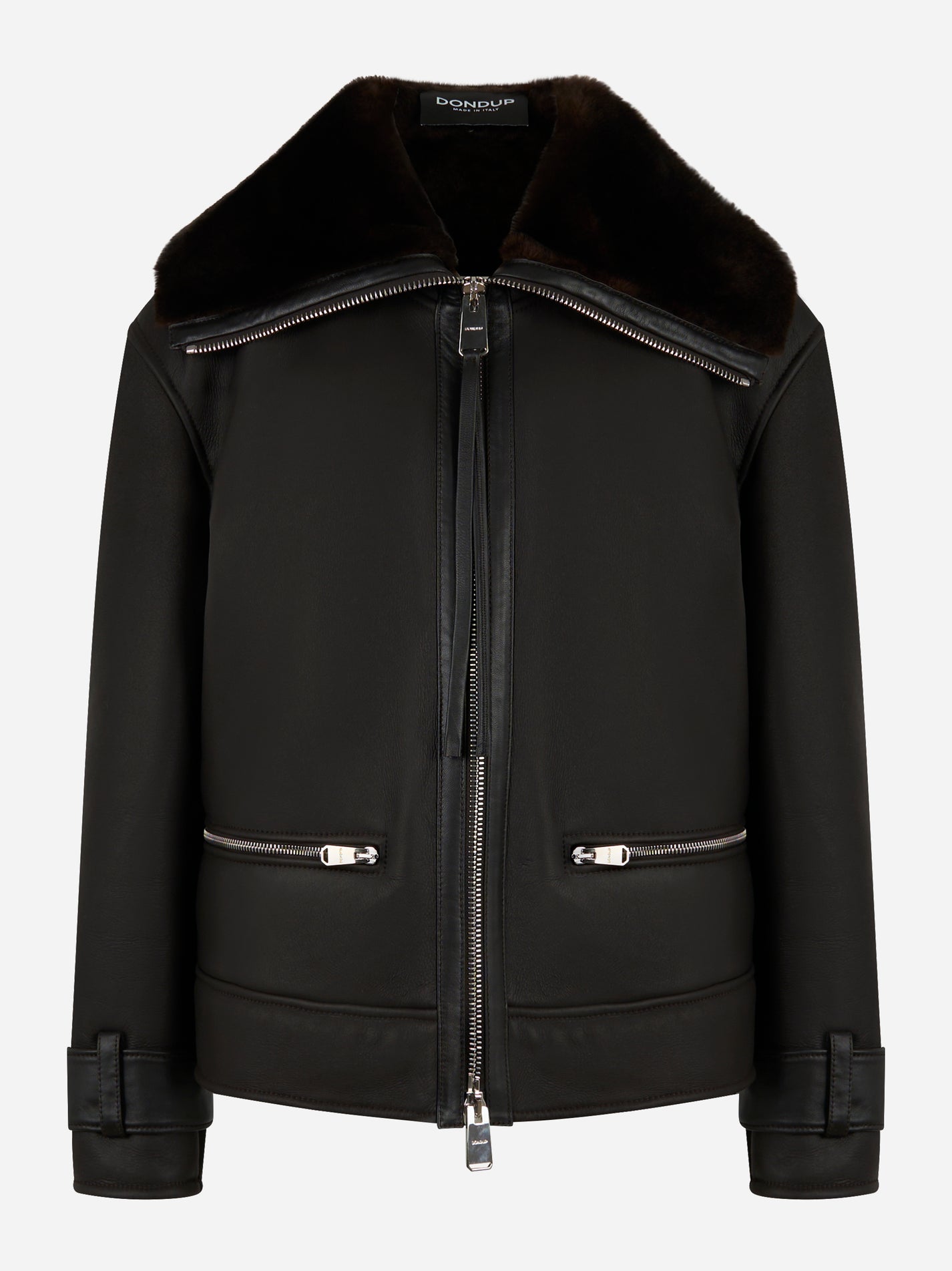 Giaccone in shearling nero Dondup con colletto oversize e zip frontale