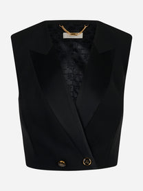 Gilet nero in crepe con rever in raso e bottoni dorati Elisabetta Franchi - fronte