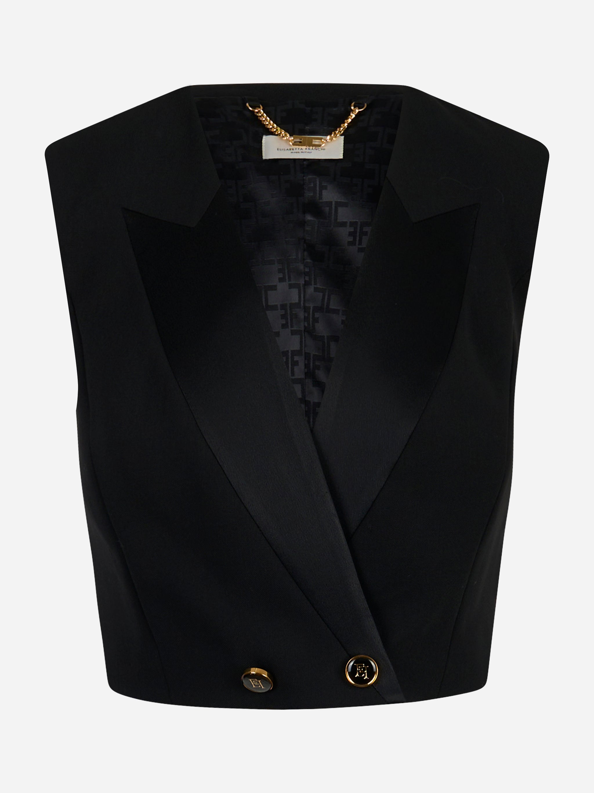 Gilet nero in crepe con rever in raso e bottoni dorati Elisabetta Franchi - fronte