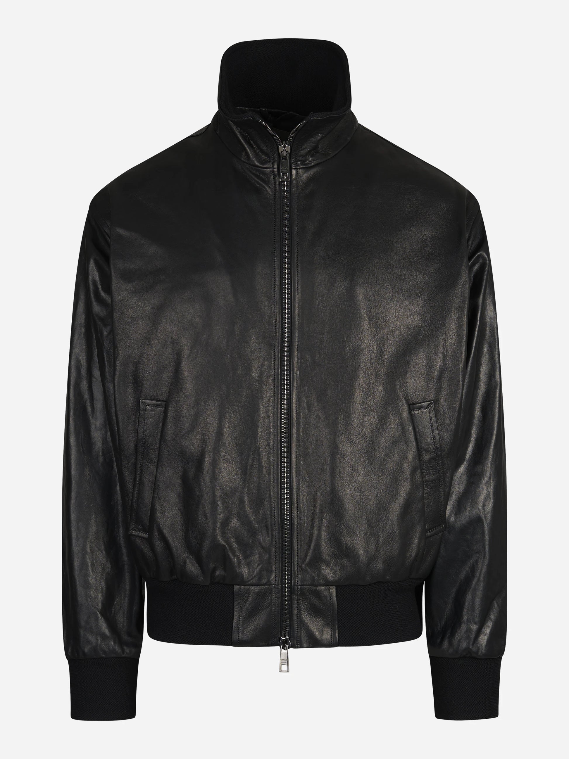 Bomber oversize in pelle con collo alto nero - vista frontale