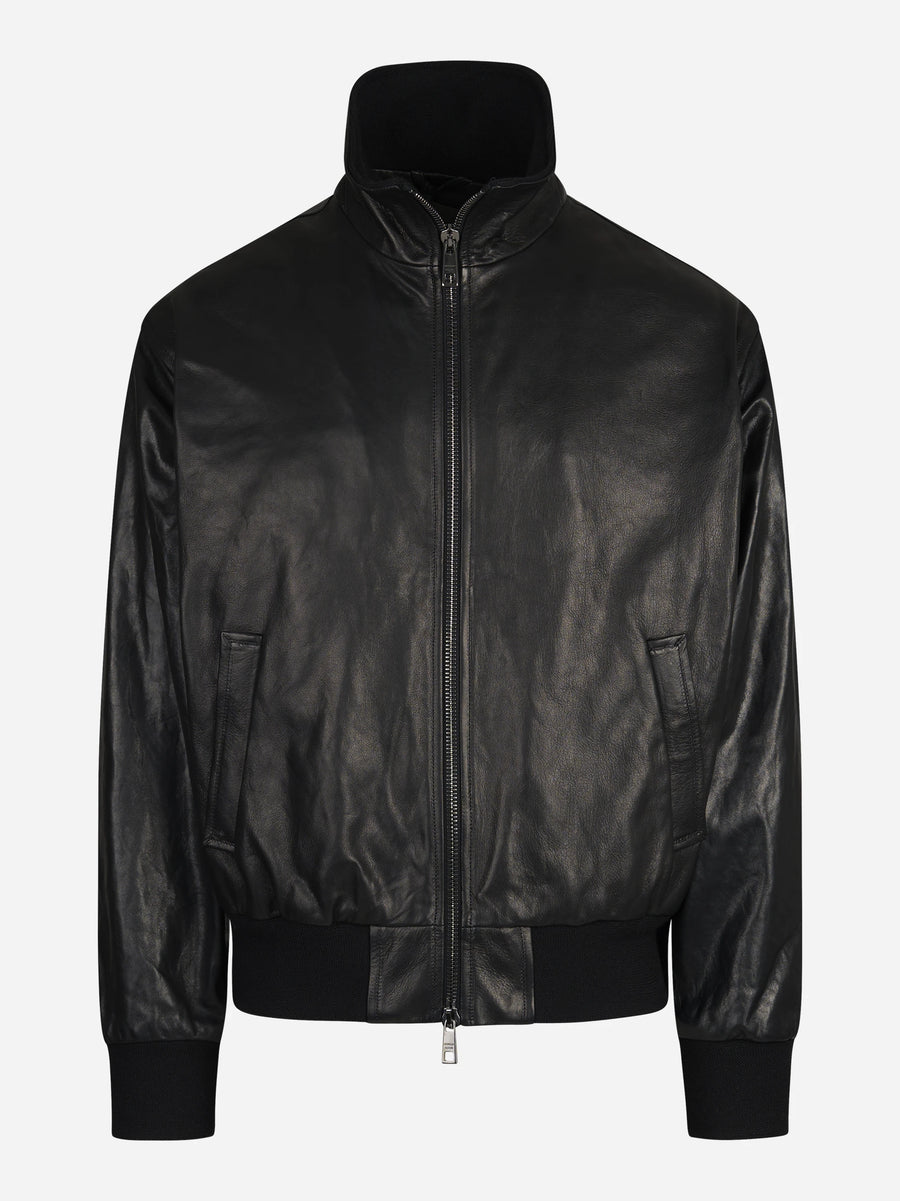 Bomber oversize in pelle con collo alto nero - vista frontale