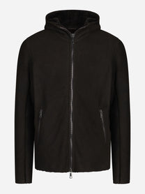 Giacca hoodie in pelle con interno shearling marrone - vista frontale
