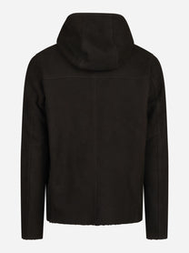 Giacca hoodie in pelle con interno shearling marrone - vista posteriore