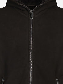 Giacca hoodie in pelle con interno shearling marrone - dettaglio del prodotto