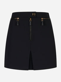 Minigonna nera in doppio crêpe con zip decorative e spacco frontale – Elisabetta Franchi