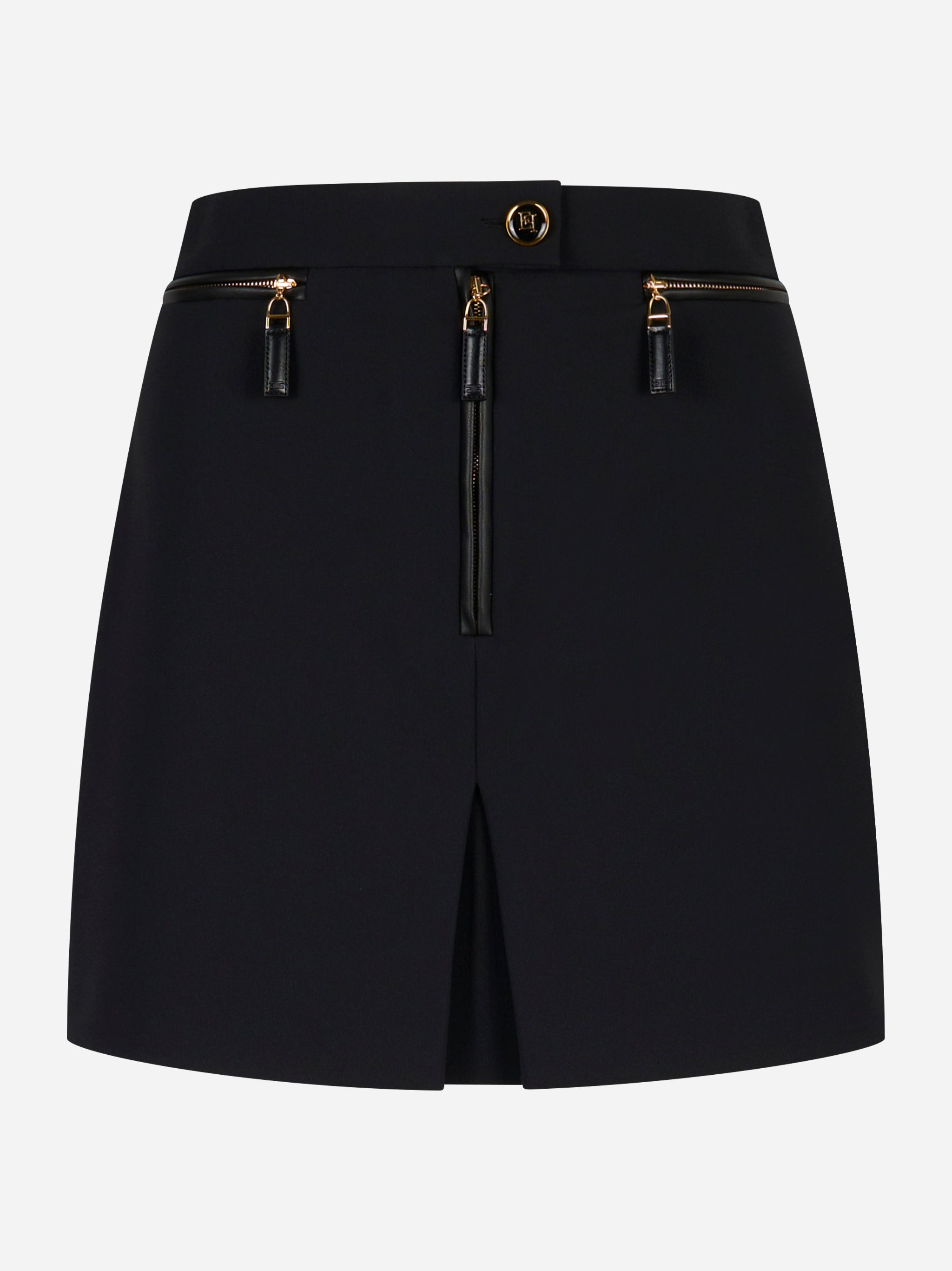 Minigonna nera in doppio crêpe con zip decorative e spacco frontale – Elisabetta Franchi