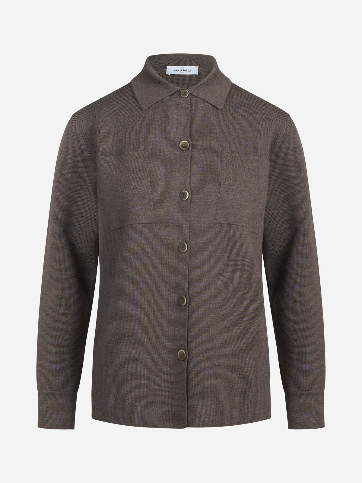 Camicia in maglia di lana vergine marrone - vista frontale