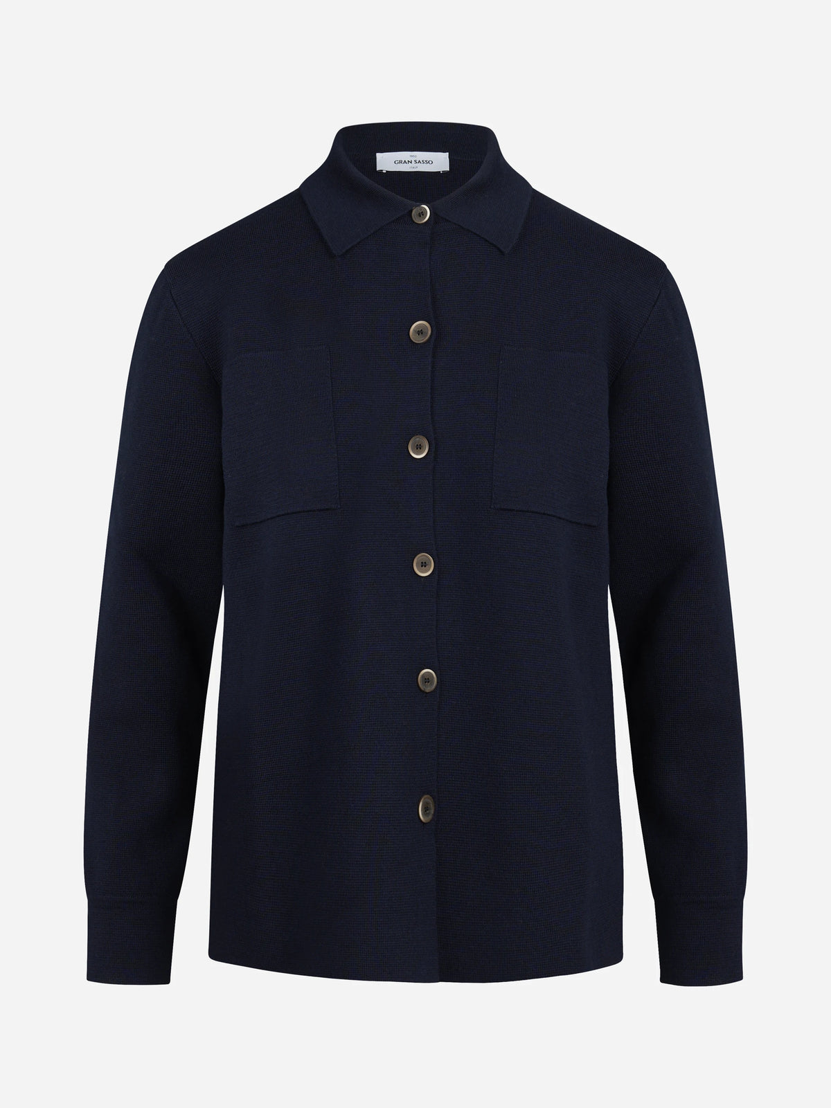 Camicia in maglia di lana vergine blu - vista frontale