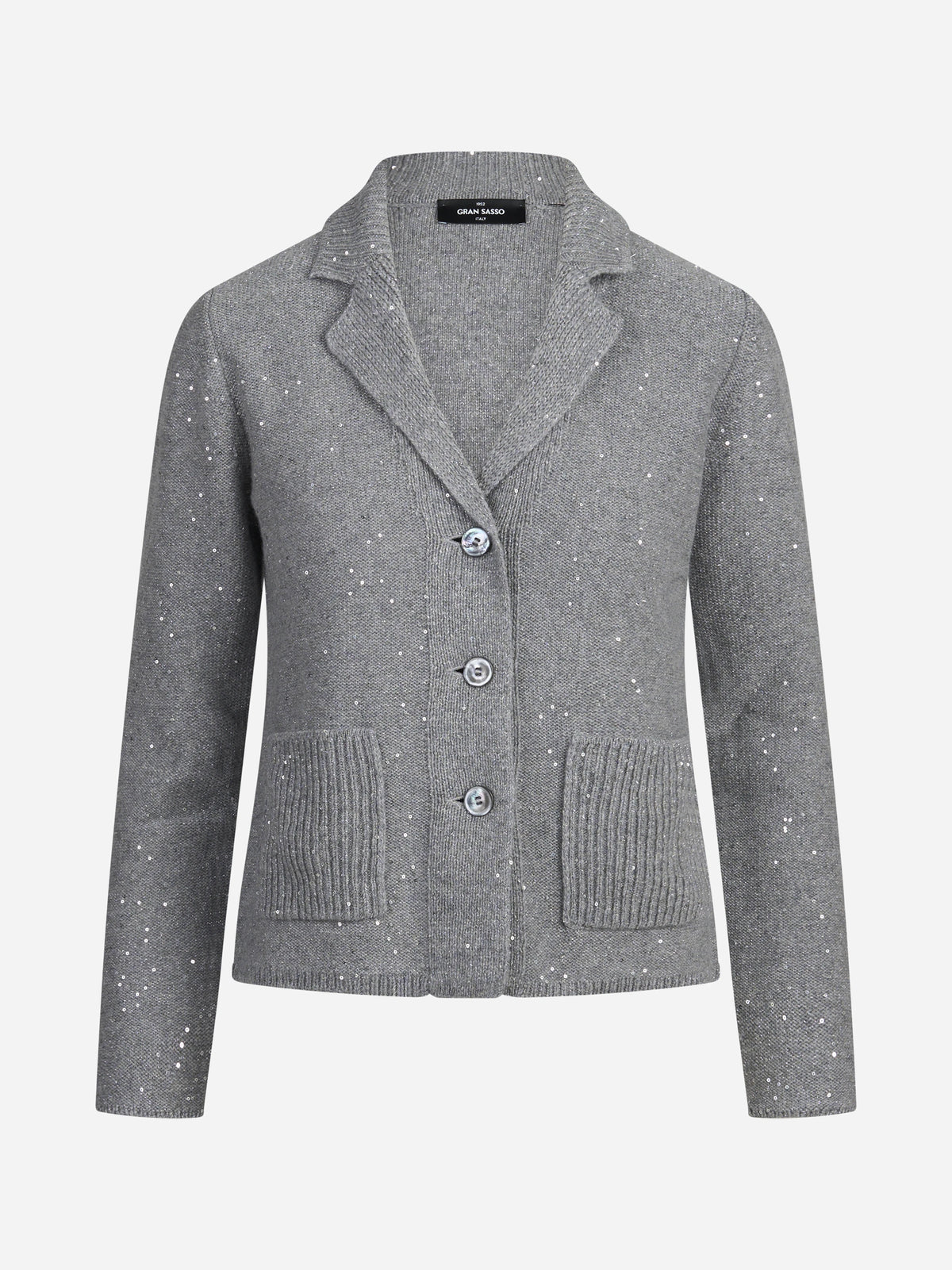 Giacca in maglia con filato luminoso grigio - vista frontale