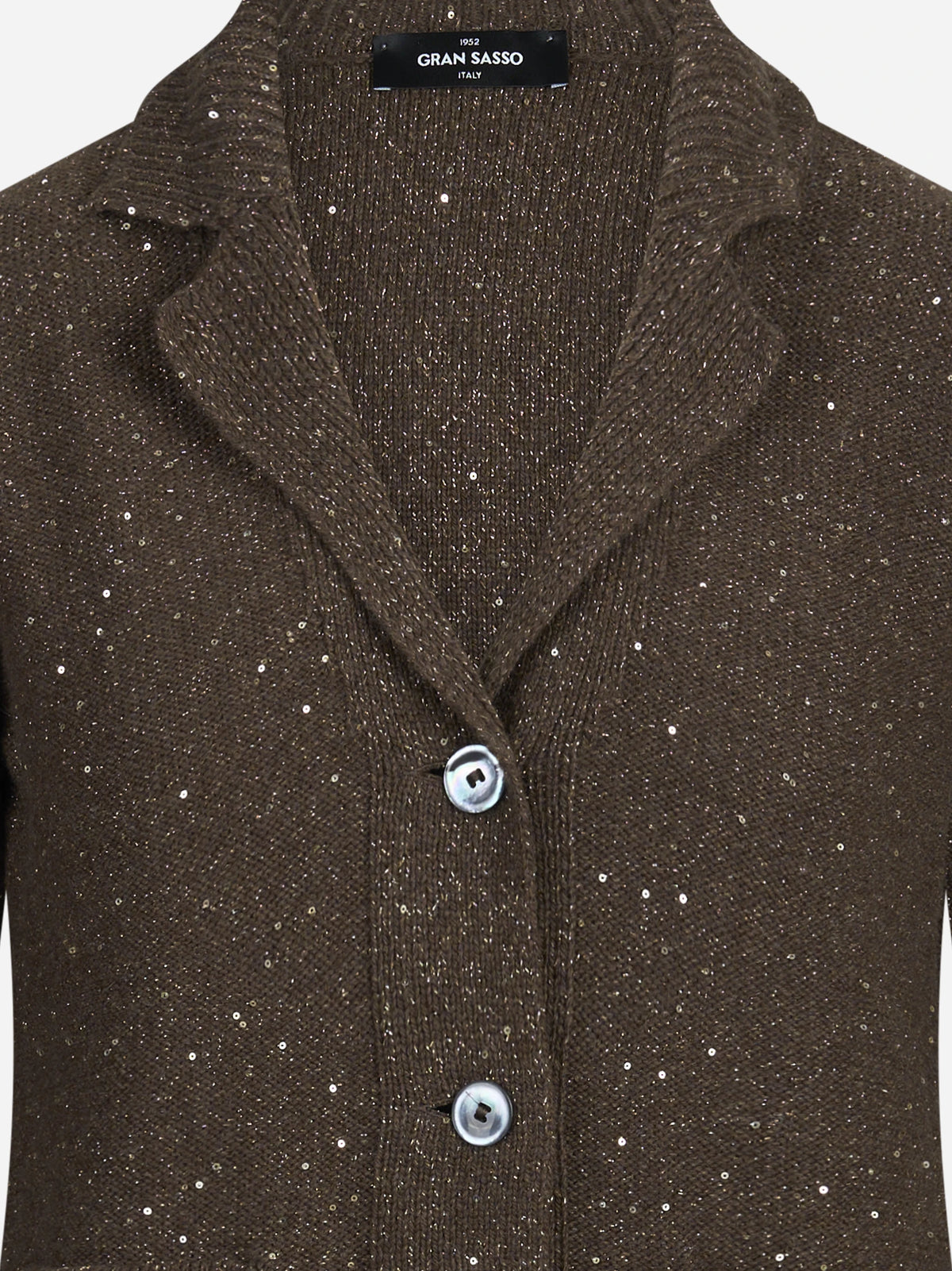Giacca in maglia con filato luminoso marrone - dettaglio del prodotto