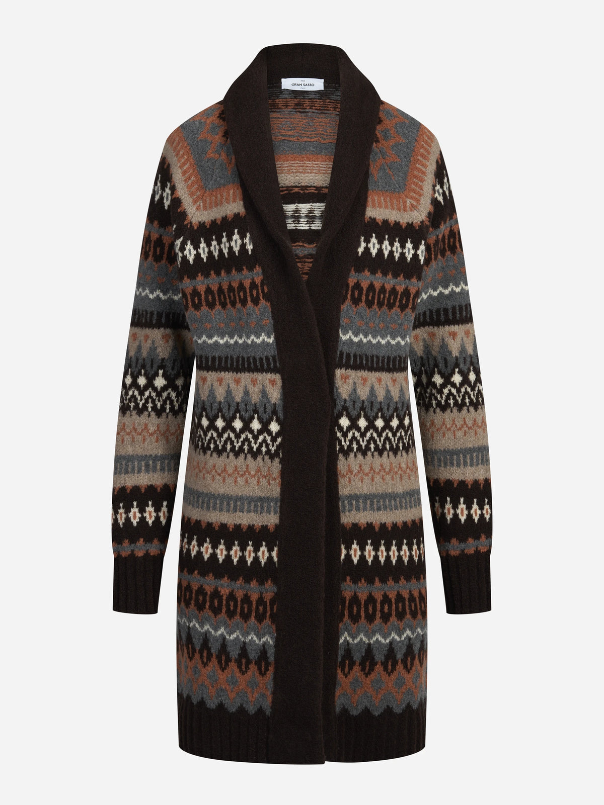 Cardigan lungo jacquard marrone - vista frontale