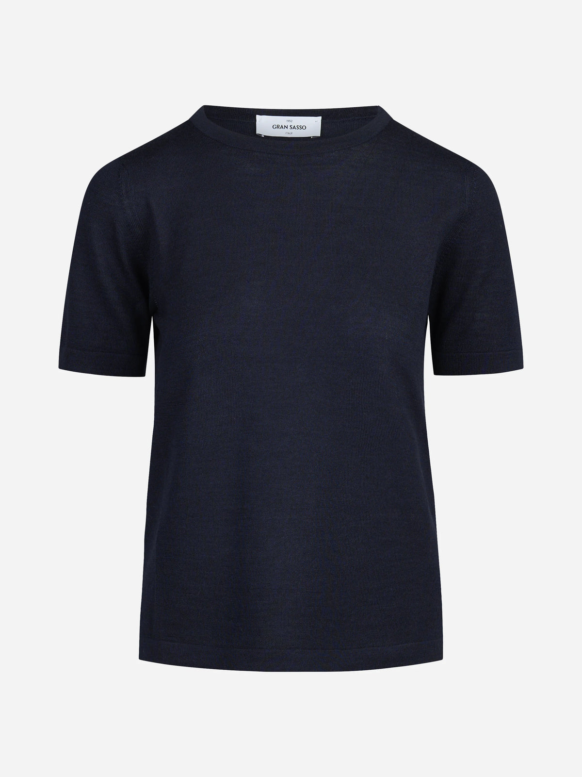 Maglia girocollo in lana e seta blu - vista frontale