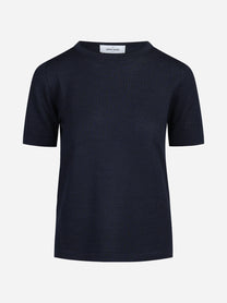 Maglia girocollo in lana e seta blu - vista frontale