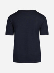 Maglia girocollo in lana e seta blu - vista posteriore