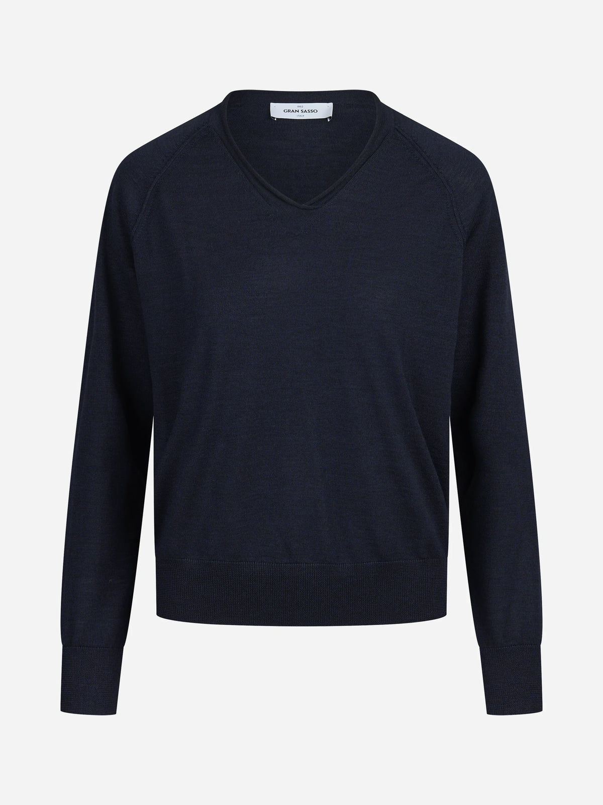 Maglia con scollo a V in lana e seta blu - vista frontale