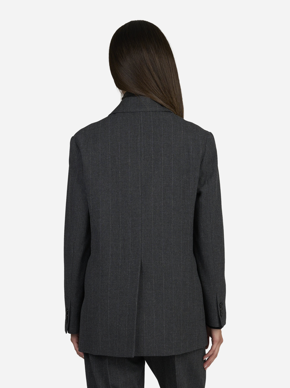 Blazer monopetto gessato grigio - indossato, vista posteriore