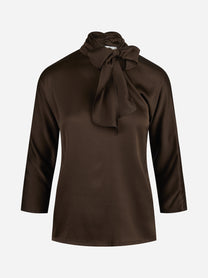 Blusa in raso di seta con fiocco marrone - vista frontale