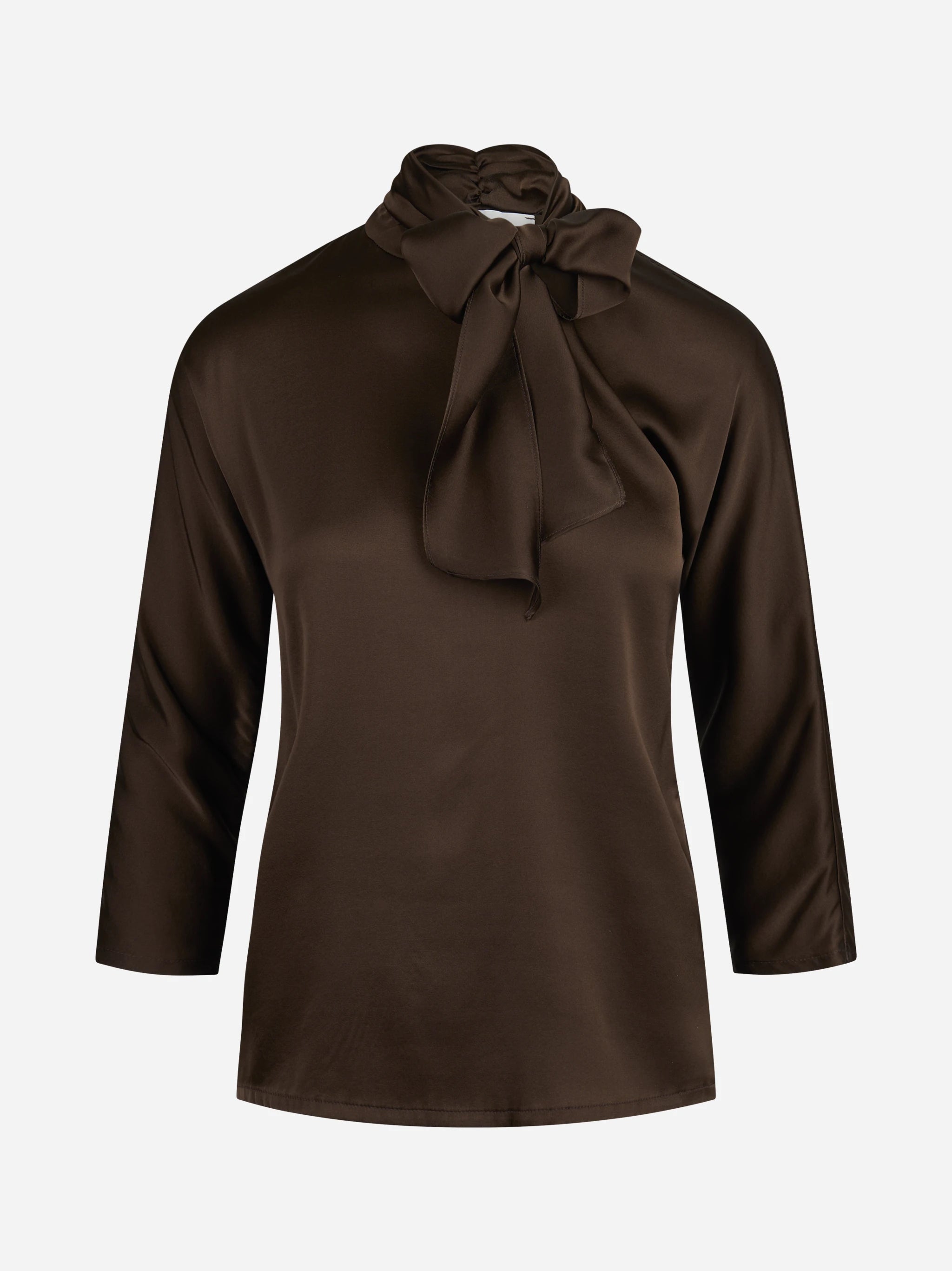 Blusa in raso di seta con fiocco marrone - vista frontale