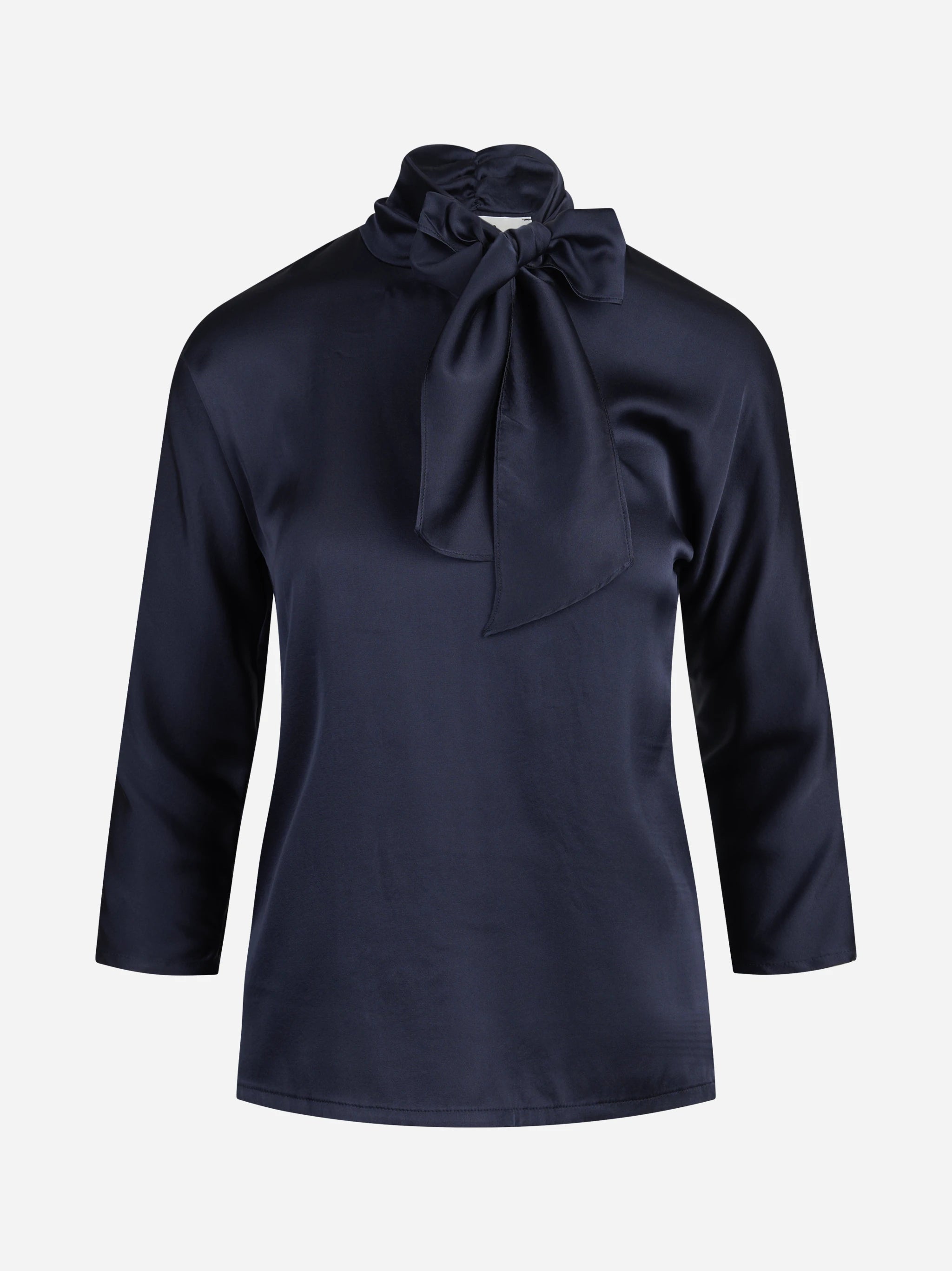 Blusa in raso di seta con fiocco blu - vista frontale